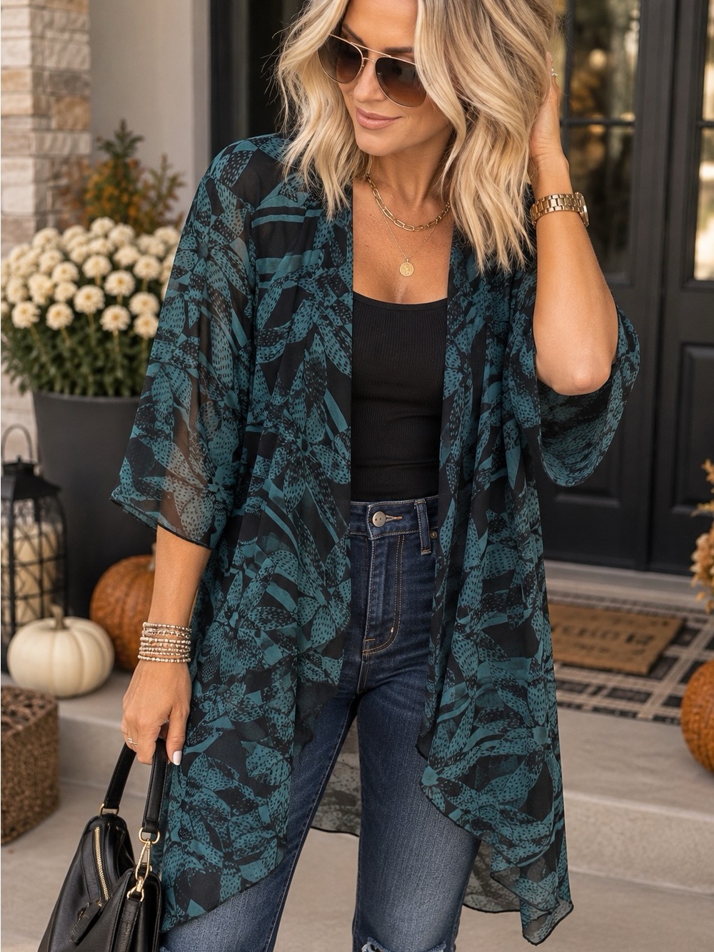 LuLaRoe Teal and Black Sheer Leaf-Print Kimono Cardigan